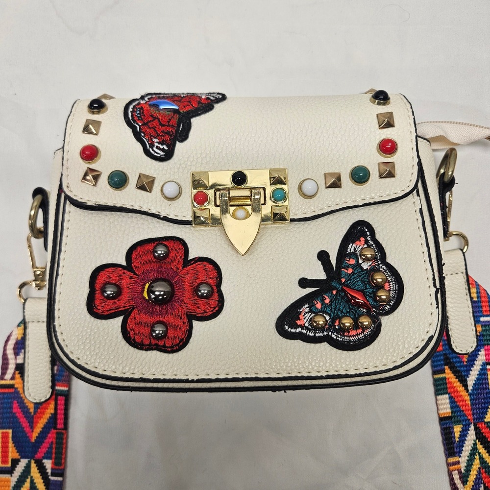 Candy Couture USA Crossbody Bag Womens Small Cream Butterfly Studded Boho Strap